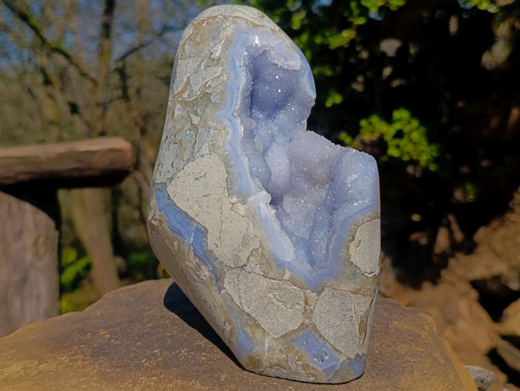Polished Large Blue Lace Agate Standing Display Piece with Dog Tooth Calcite x 1 From Nsanje, Malawi - Toprock Gemstones and Minerals 