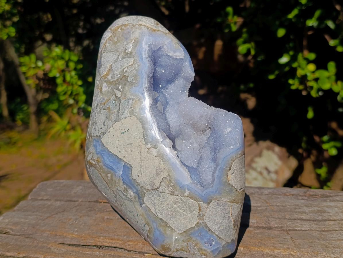 Polished Large Blue Lace Agate Standing Display Piece with Dog Tooth Calcite x 1 From Nsanje, Malawi - Toprock Gemstones and Minerals 