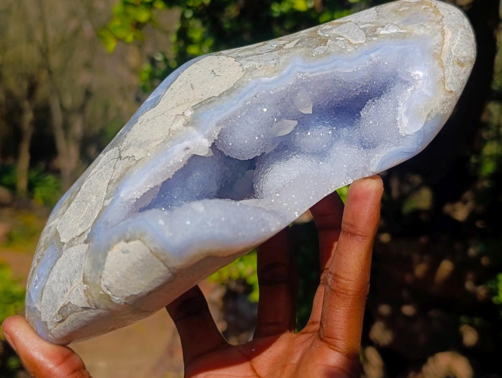 Polished Large Blue Lace Agate Standing Display Piece with Dog Tooth Calcite x 1 From Nsanje, Malawi - Toprock Gemstones and Minerals 