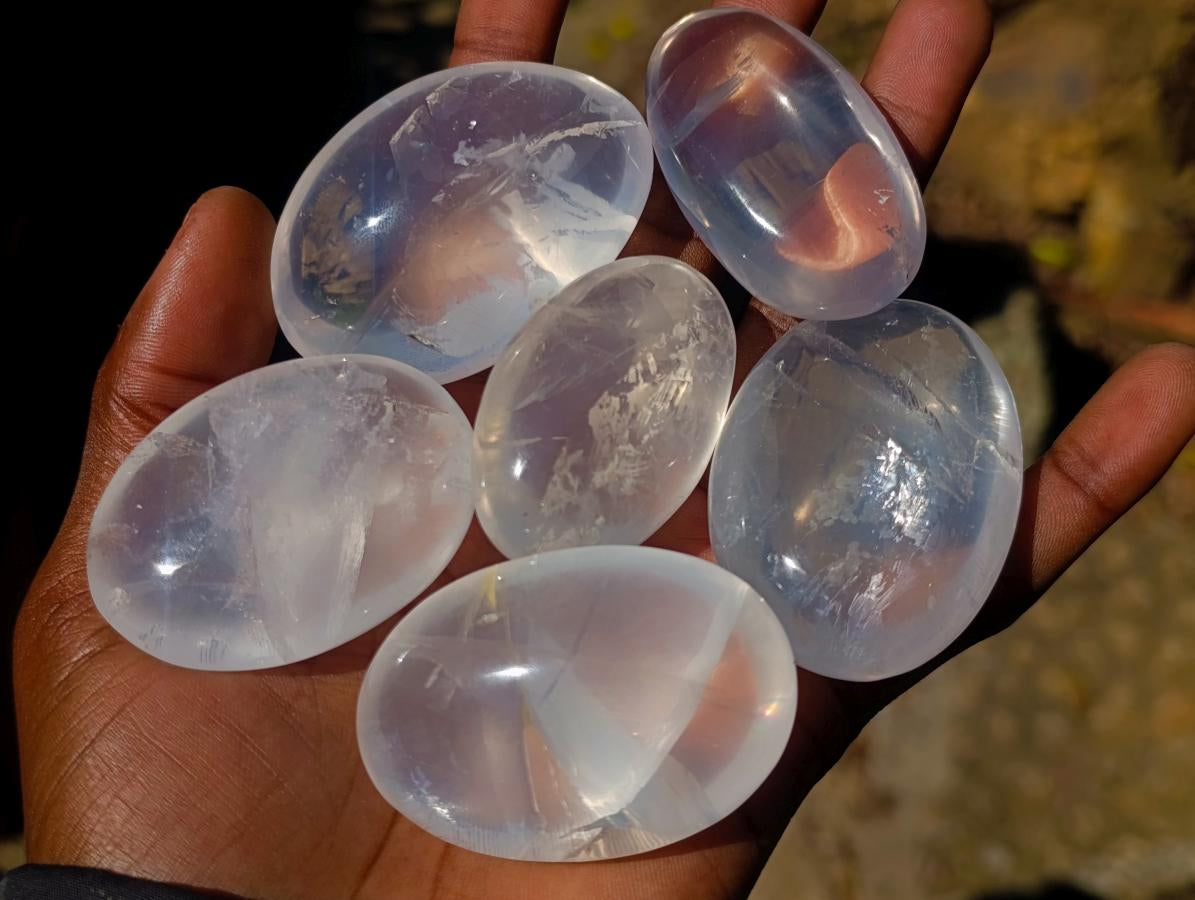 Polished Girasol Pearl Quartz Palm Stones x 20 From Ambatondrazaka, Madagascar - Toprock Gemstones and Minerals 