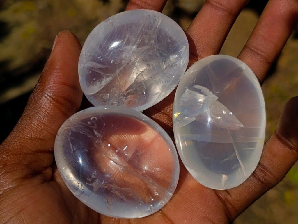 Polished Girasol Pearl Quartz Palm Stones x 20 From Ambatondrazaka, Madagascar - Toprock Gemstones and Minerals 