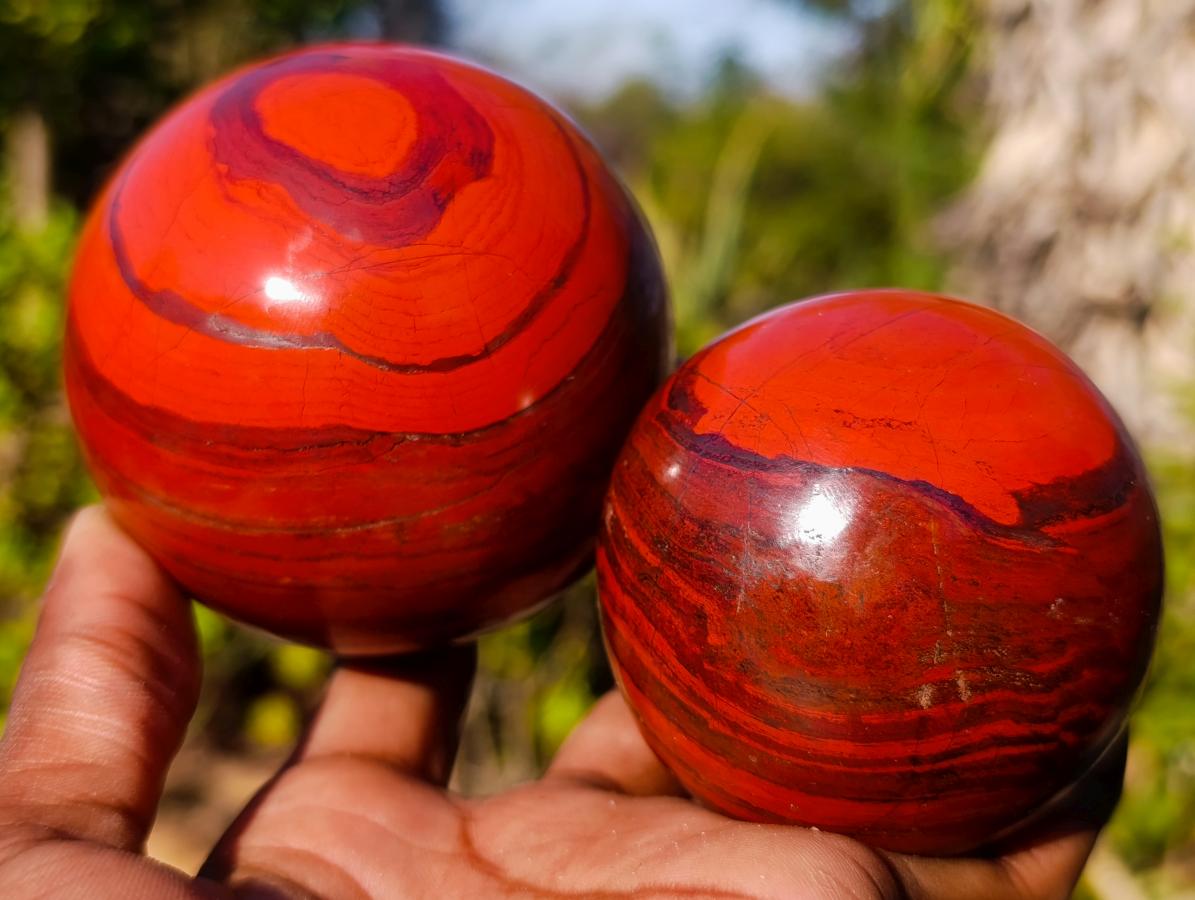 Polished Banded Red Jasper Spheres with Siliver Hematite x 2 From Zimbabwe - Toprock Gemstones and Minerals 