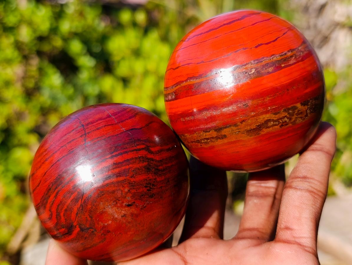 Polished Banded Red Jasper Spheres with Siliver Hematite x 2 From Zimbabwe - Toprock Gemstones and Minerals 
