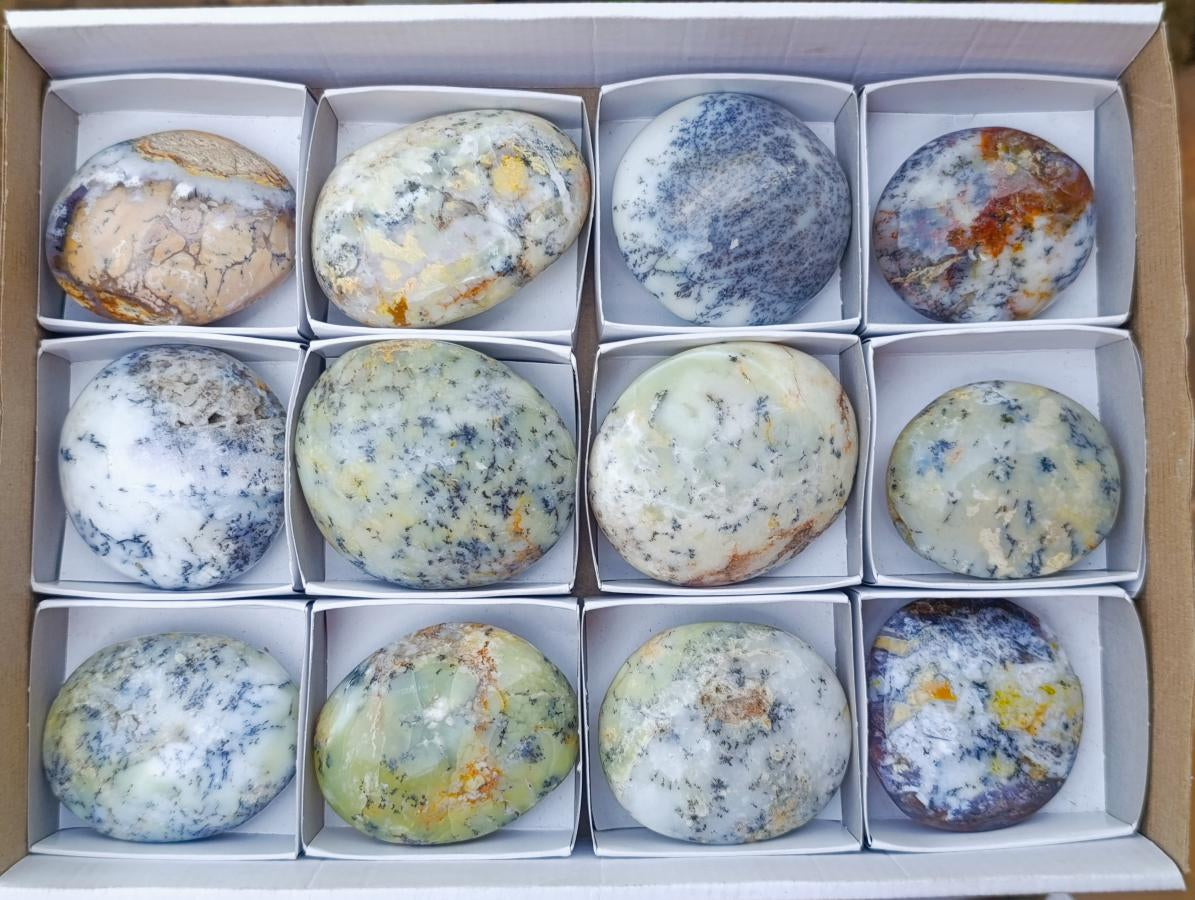 Polished Large Fluorescent Dendritic Opal Palm Stones x 12 From Moralambo, Madagascar - Toprock Gemstones and Minerals 