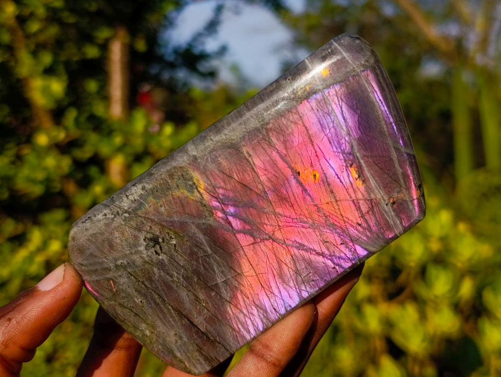 Polished Sunset Flash Labradorite Standing Display Pieces x 3 From Madagascar