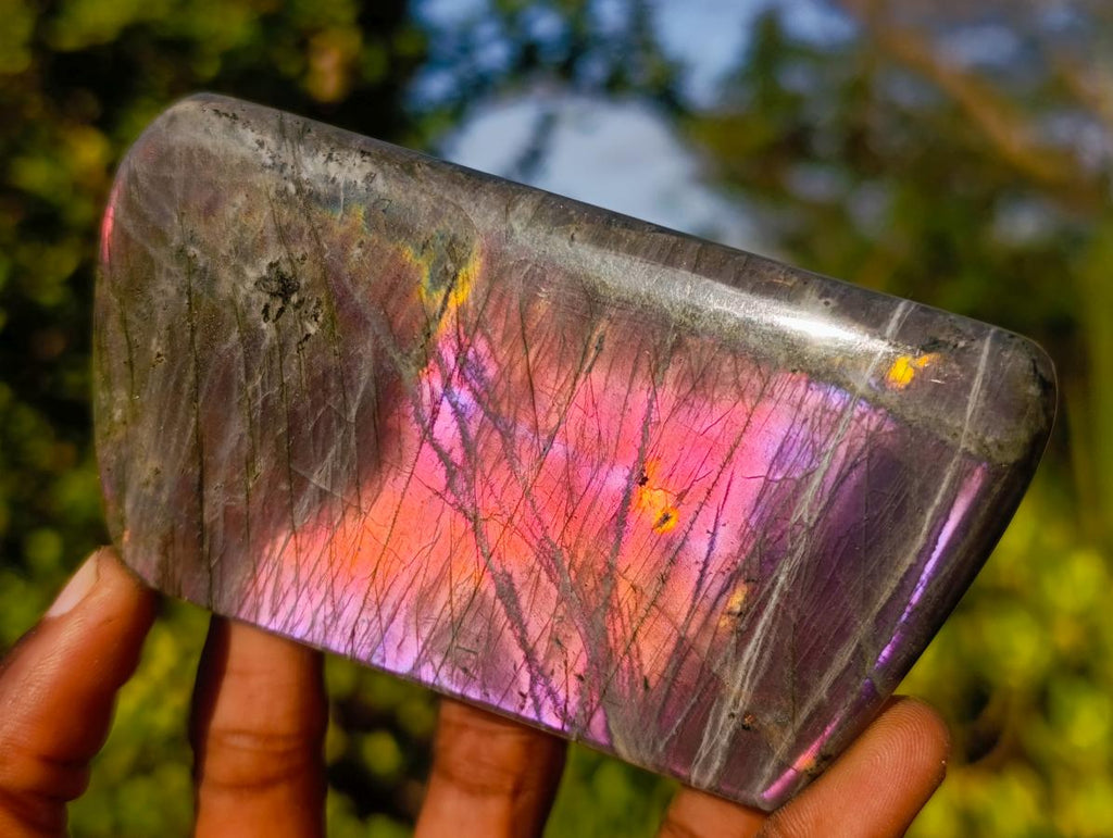 Polished Sunset Flash Labradorite Standing Display Pieces x 3 From Madagascar