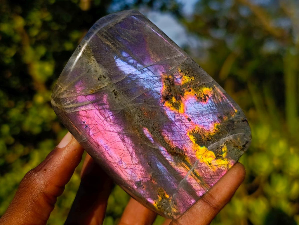 Polished Sunset Flash Labradorite Standing Display Pieces x 3 From Madagascar