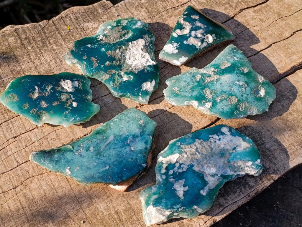 Polished One Side Mtorolite Chrysoprase Slices x 6 From Mutorashanga, Zimbabwe