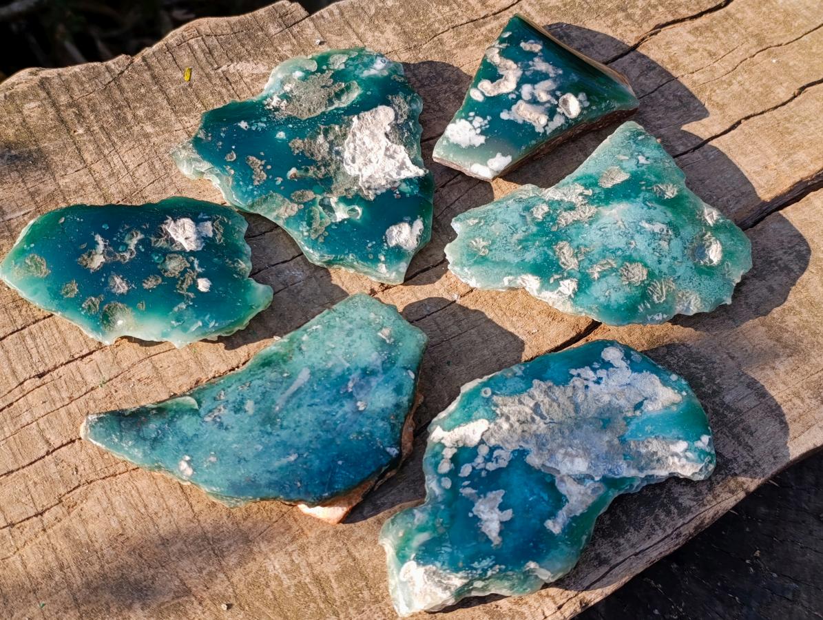 Polished One Side Mtorolite Chrysoprase Slices x 6 From Mutorashanga, Zimbabwe