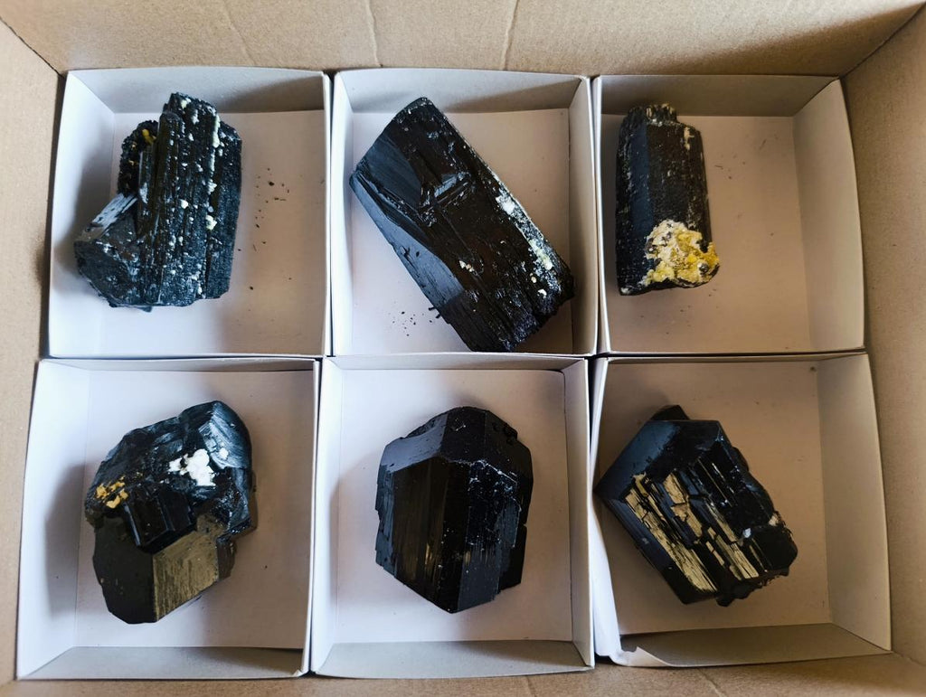 Natural Schorl Black Tourmaline Crystal Specimens x 6 From Erongo, Namibia