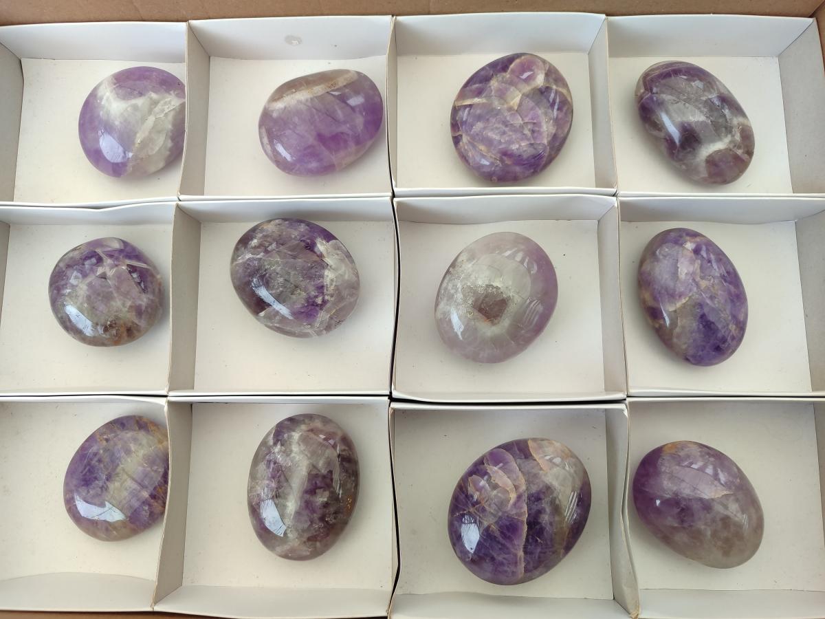 Polished Large Chevron Amethyst Galets x 12 From Madagascar - Toprock Gemstones and Minerals 