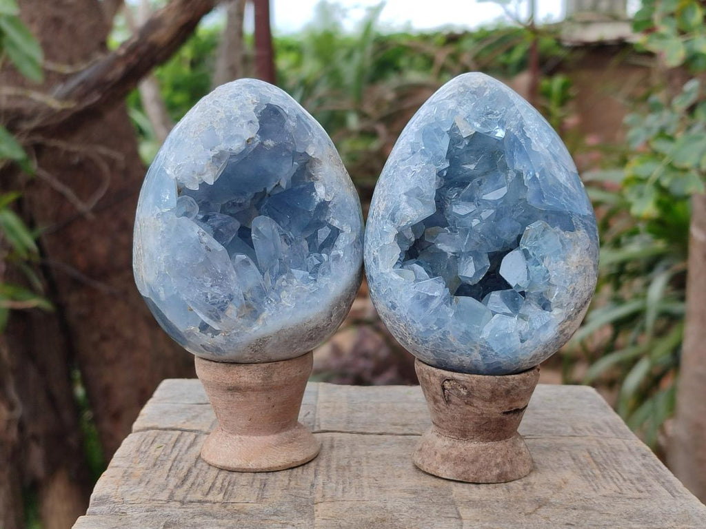 Polished and Natural Blue Celestite Eggs x 2 From Sakoany, Madagascar