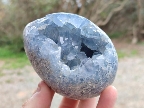 Polished and Natural Blue Celestite Eggs x 2 From Sakoany, Madagascar