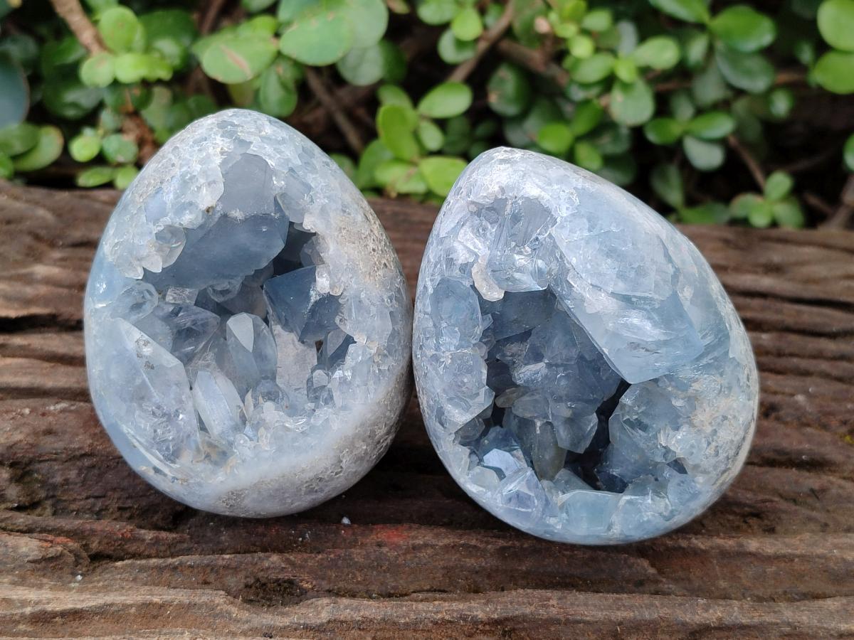 Polished and Natural Blue Celestite Eggs x 2 From Sakoany, Madagascar