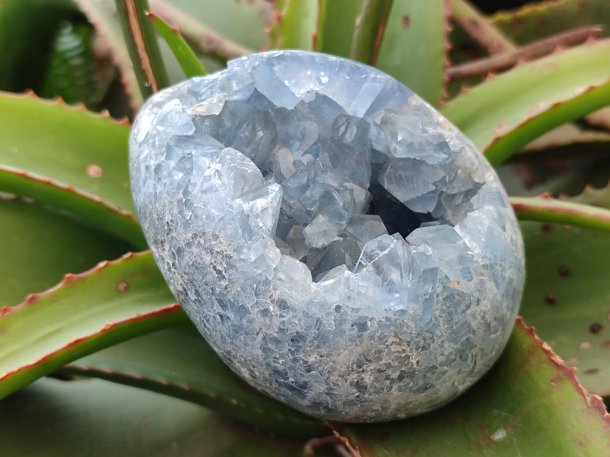 Polished and Natural Blue Celestite Eggs x 2 From Sakoany, Madagascar