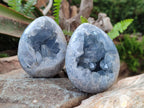 Polished and Natural Blue Celestite Eggs x 2 From Sakoany, Madagascar