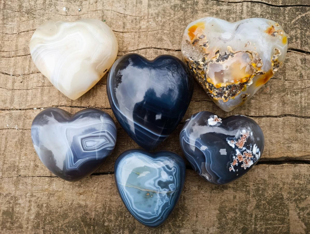 Polished Banded Agate Hearts x 6 From Madagascar