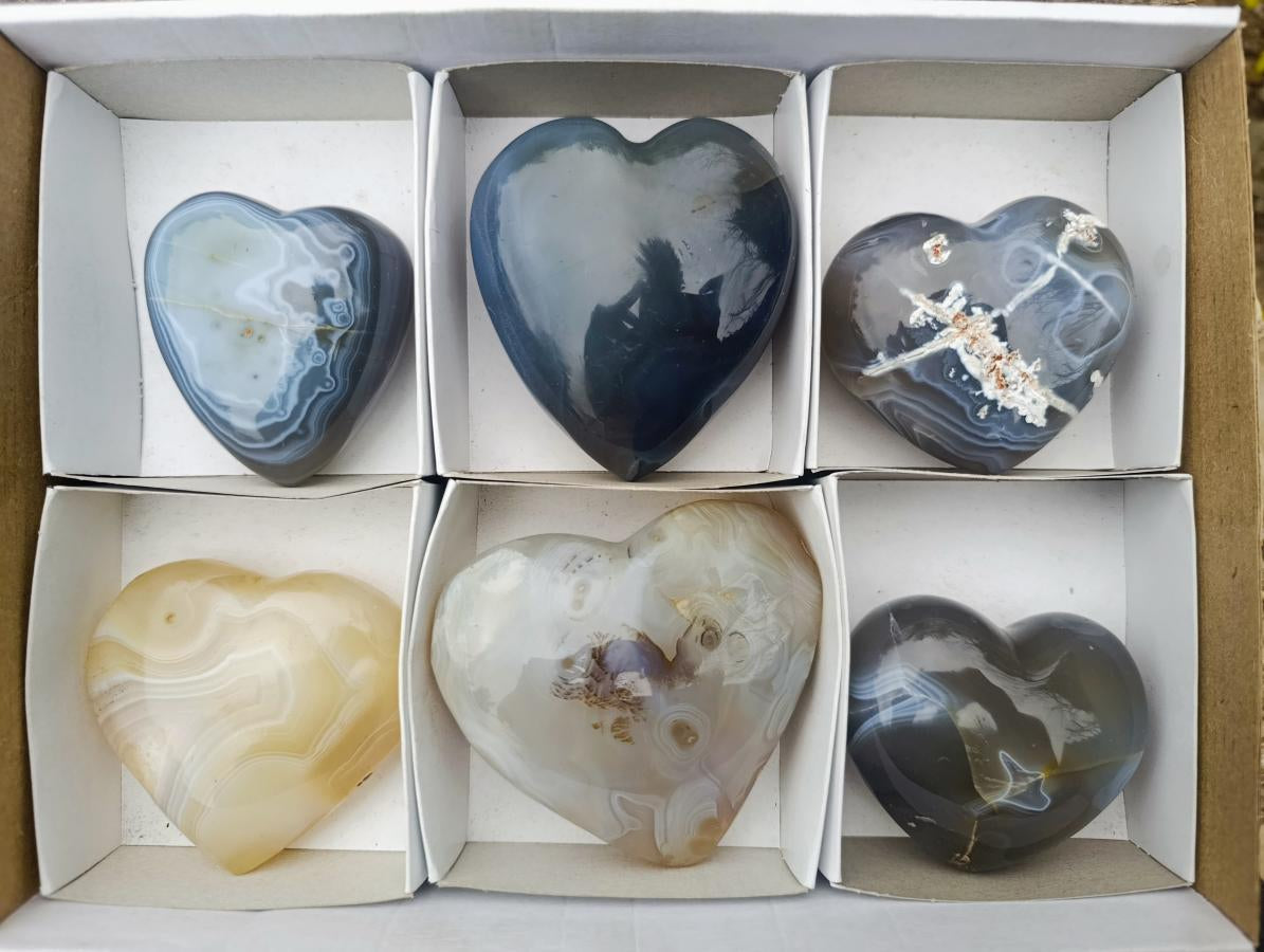 Polished Banded Agate Hearts x 6 From Madagascar