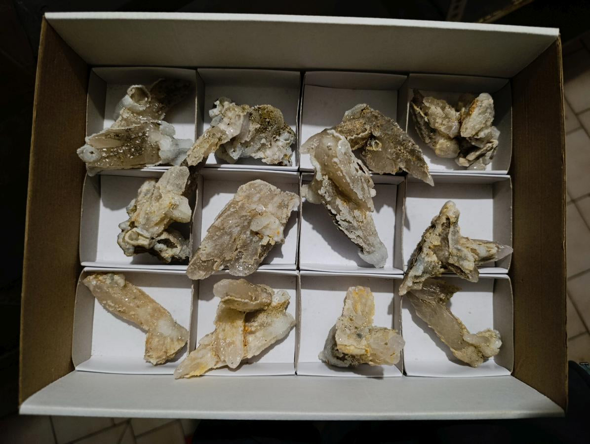 Natural Drusy Quartz Coated "Cock Spur" Calcite Crystals x 12 From Albert's Mountain, Lesotho