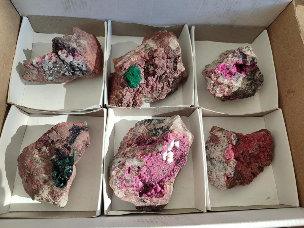 Natural Salrose Cobaltoan Dolomite Specimens with Malachite and Kaolinite x 6 From Kakanda, Congo