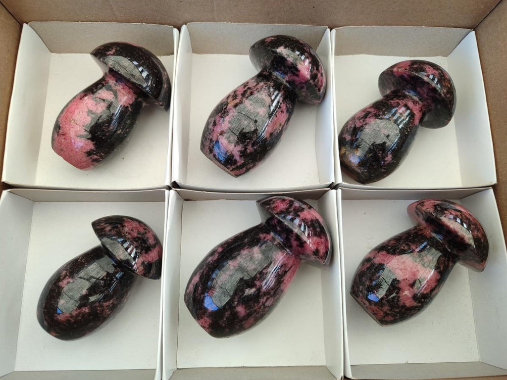 Polished Rhodonite Gemstone Mushrooms x 6 From Ambindavato, Madagascar