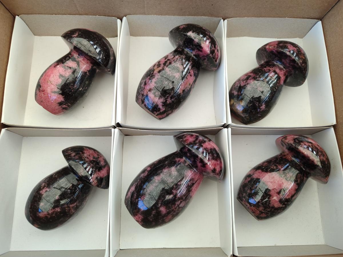 Polished Rhodonite Gemstone Mushrooms x 6 From Ambindavato, Madagascar