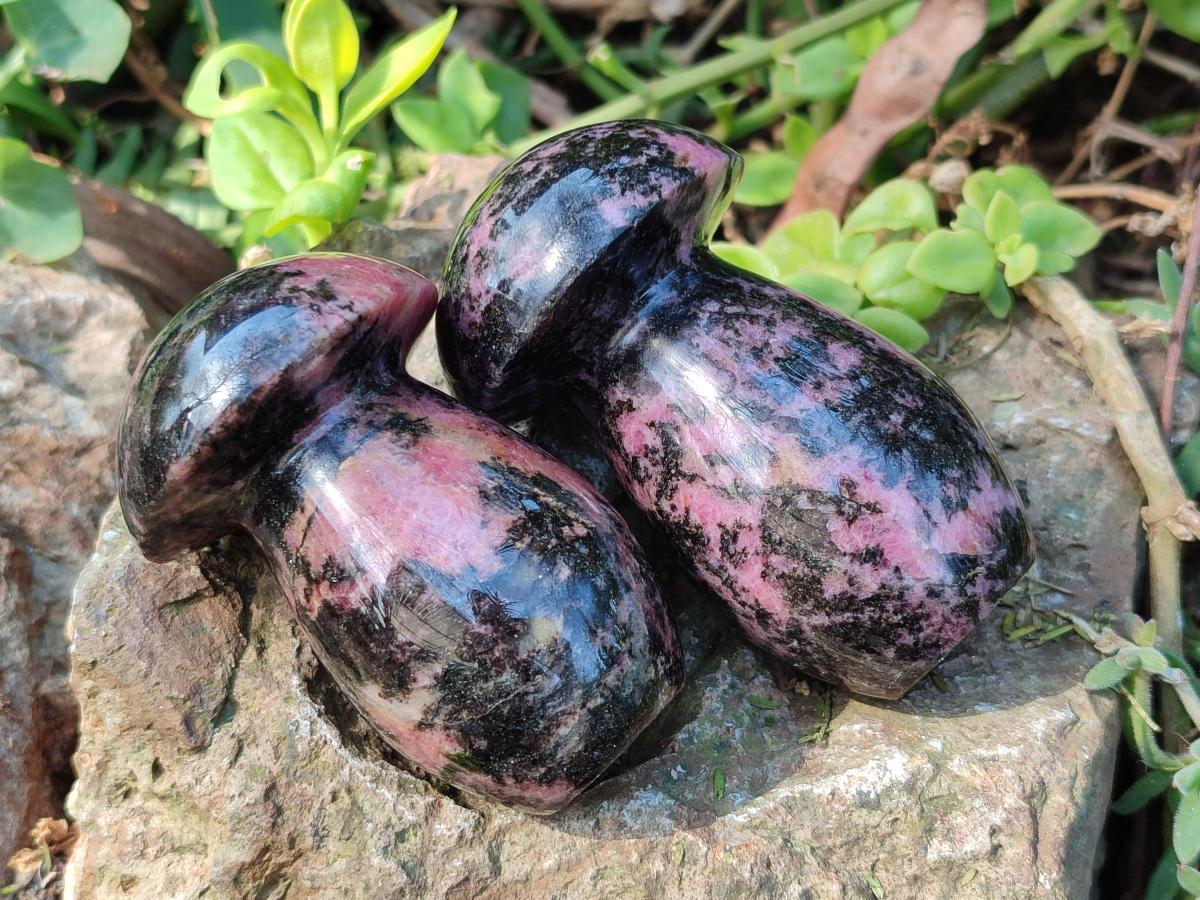 Polished Rhodonite Gemstone Mushrooms x 6 From Ambindavato, Madagascar