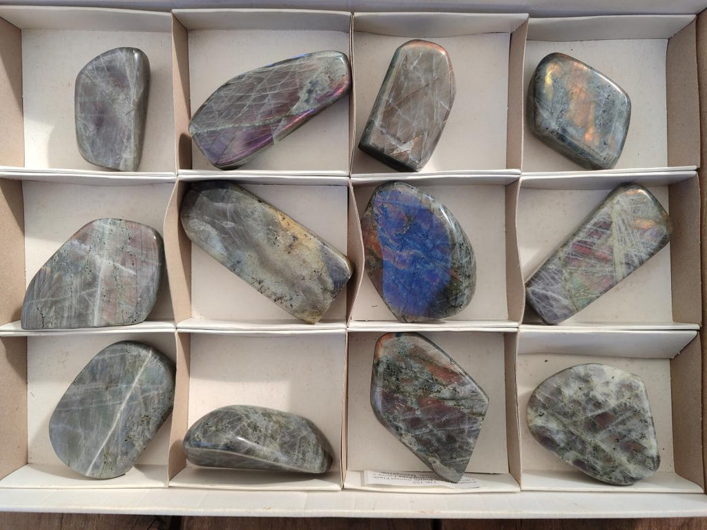Polished Sunset Flash Labradorite Standing Display Pieces x 12 From Madagascar
