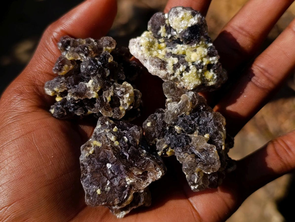 Natural Smokey and Purple Fluorite Specimens with Yellow Muscovite Mica x 15 From Erongo, Namibia