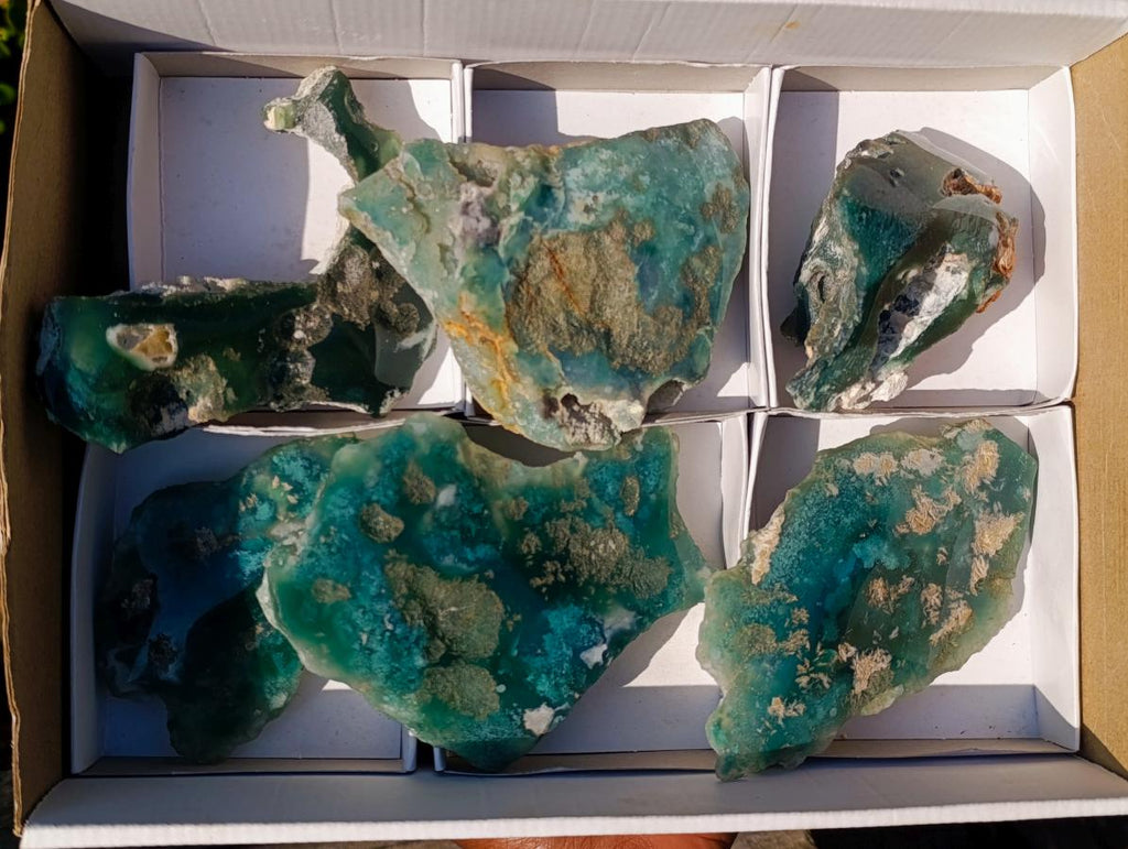 Polished One Side Mtorolite Chrysoprase Slices x 6 From Mutorashanga, Zimbabwe