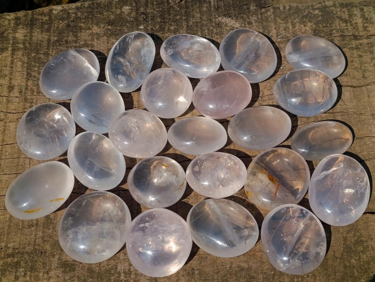 Polished Girasol Pearl Quartz Palm Stones x 24 From Ambatondrazaka, Madagascar