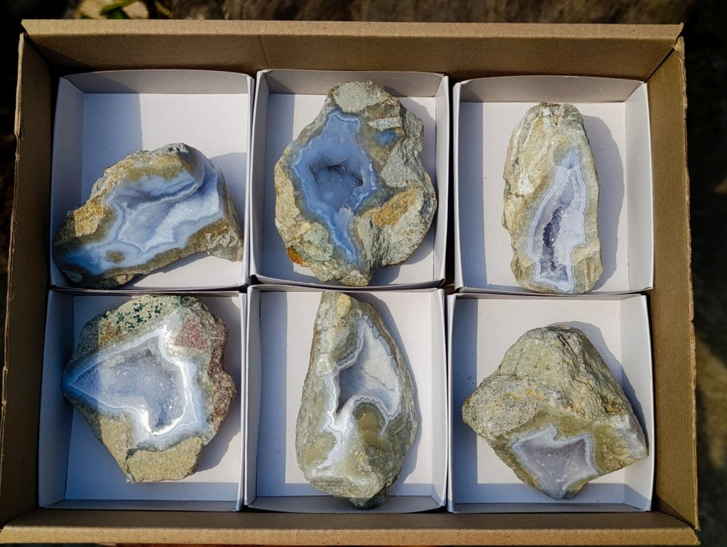 Polished One Side Blue Lace Agate Geodes x 6 From Nsanje, Malawi
