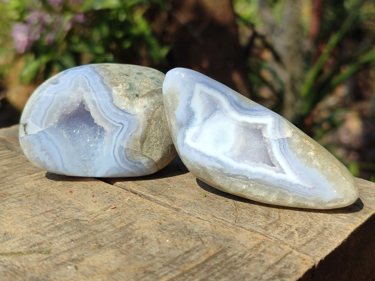 Polished and Natural Blue Lace Agate Free Forms x 12 From Nsanje, Malawi - Toprock Gemstones and Minerals 