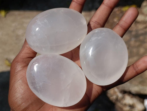Polished Girasol Pearl Quartz Palm Stones x 12 From Ambatondrazaka, Madagascar - Toprock Gemstones and Minerals 
