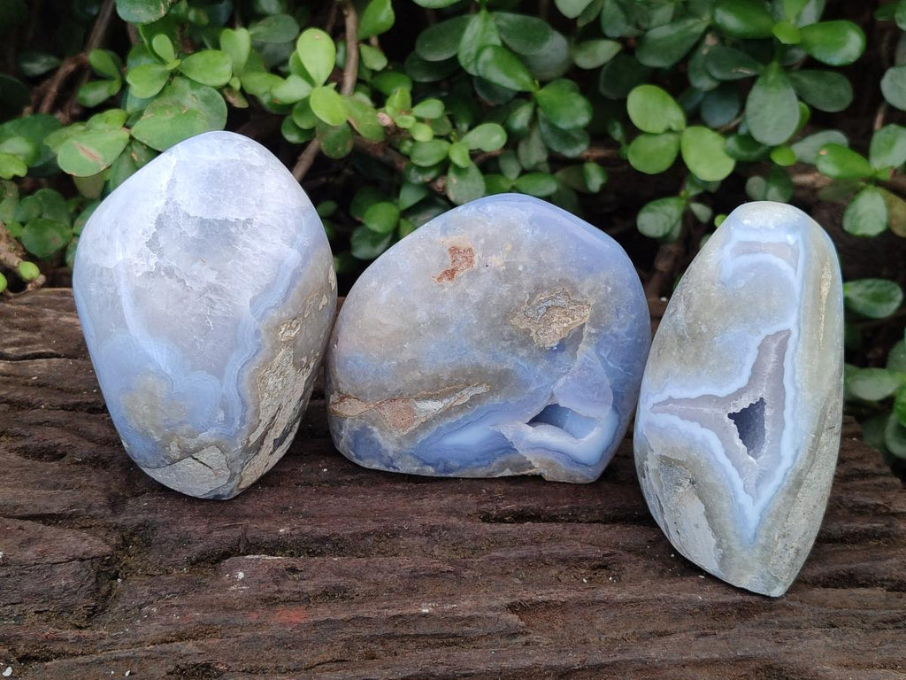 Polished and Natural Blue Lace Agate Standing Display Pieces x 3 From Nsanje, Malawi - Toprock Gemstones and Minerals 