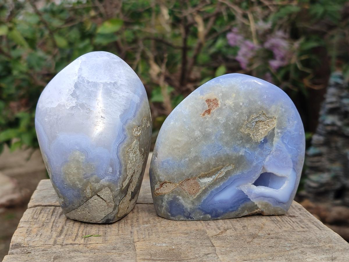 Polished and Natural Blue Lace Agate Standing Display Pieces x 3 From Nsanje, Malawi - Toprock Gemstones and Minerals 