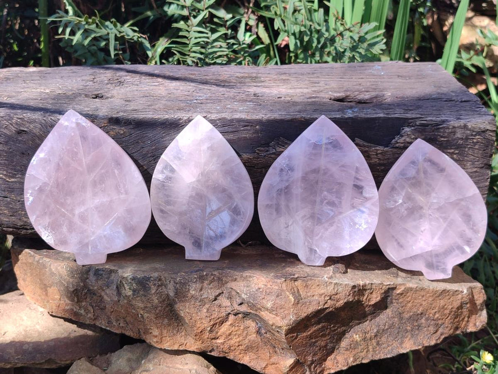 Hand Made Gemmy Rose Quartz Leaf Carvings x 4 From Madagascar - Toprock Gemstones and Minerals 