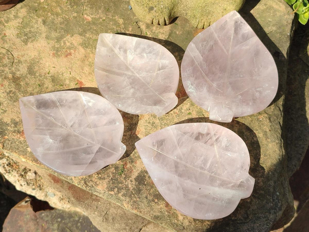 Hand Made Gemmy Rose Quartz Leaf Carvings x 4 From Madagascar - Toprock Gemstones and Minerals 