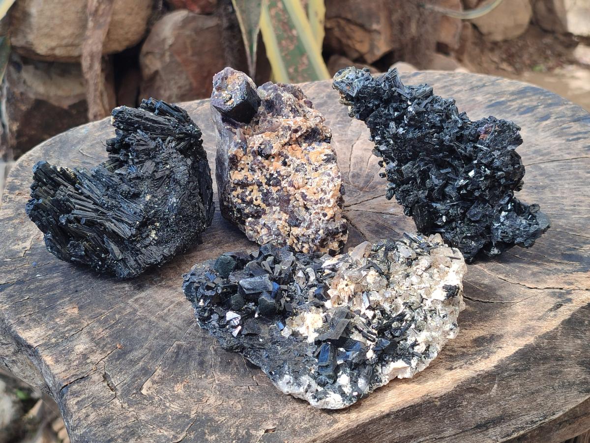 Natural Cabinet Size Schorl Black Tourmaline Clusters with Associated Minerals x 4 From Erongo, Namibia - Toprock Gemstones and Minerals 