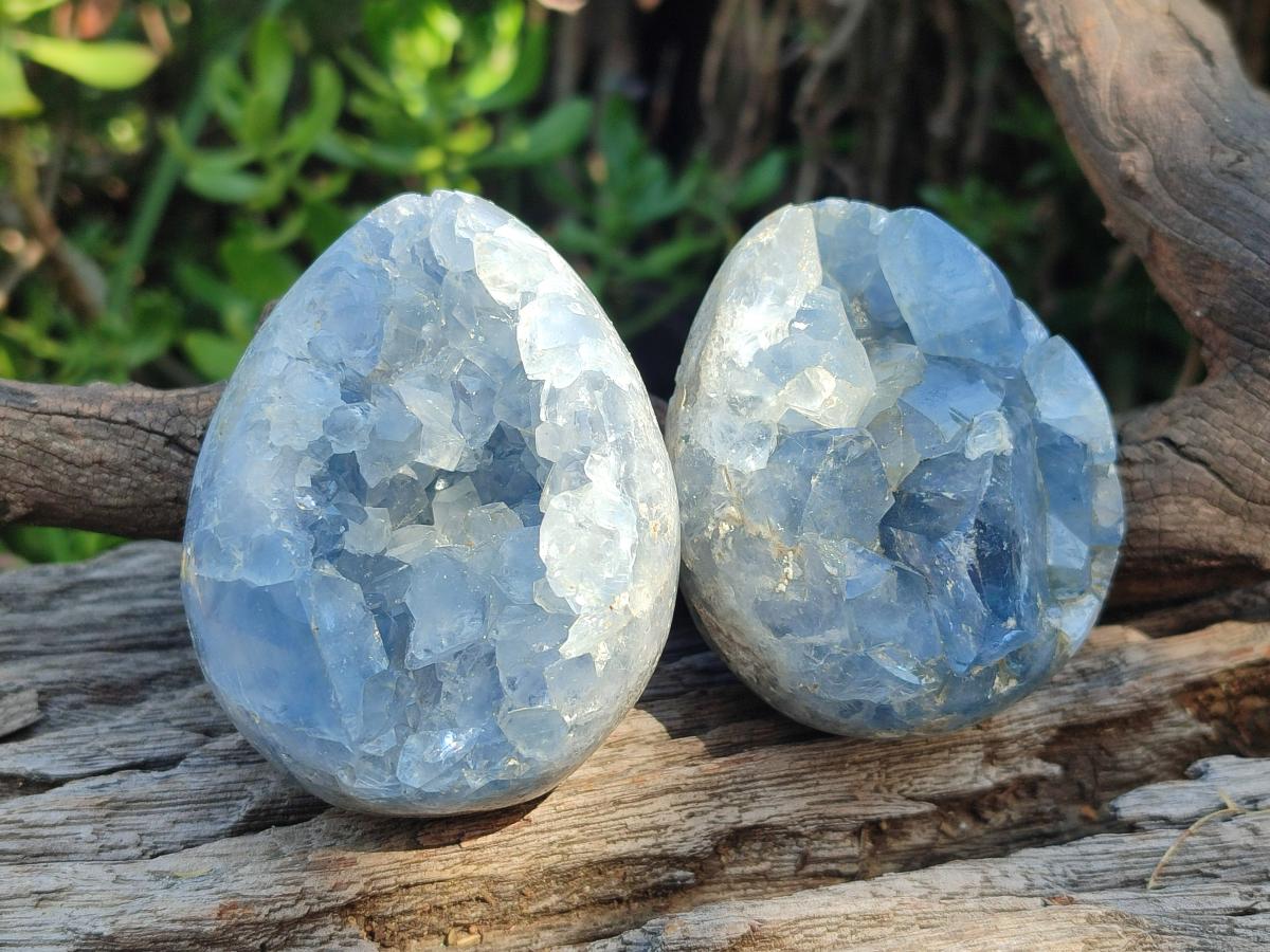 Polished and Natural Blue Celestite Eggs x 6 From Sakoany, Madagascar