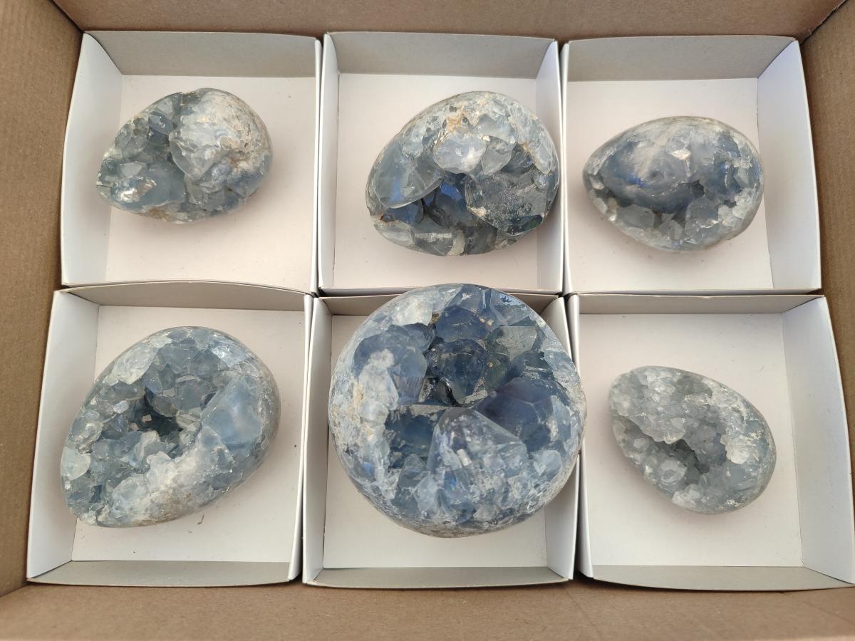 Polished and Natural Blue Celestite Eggs x 6 From Sakoany, Madagascar