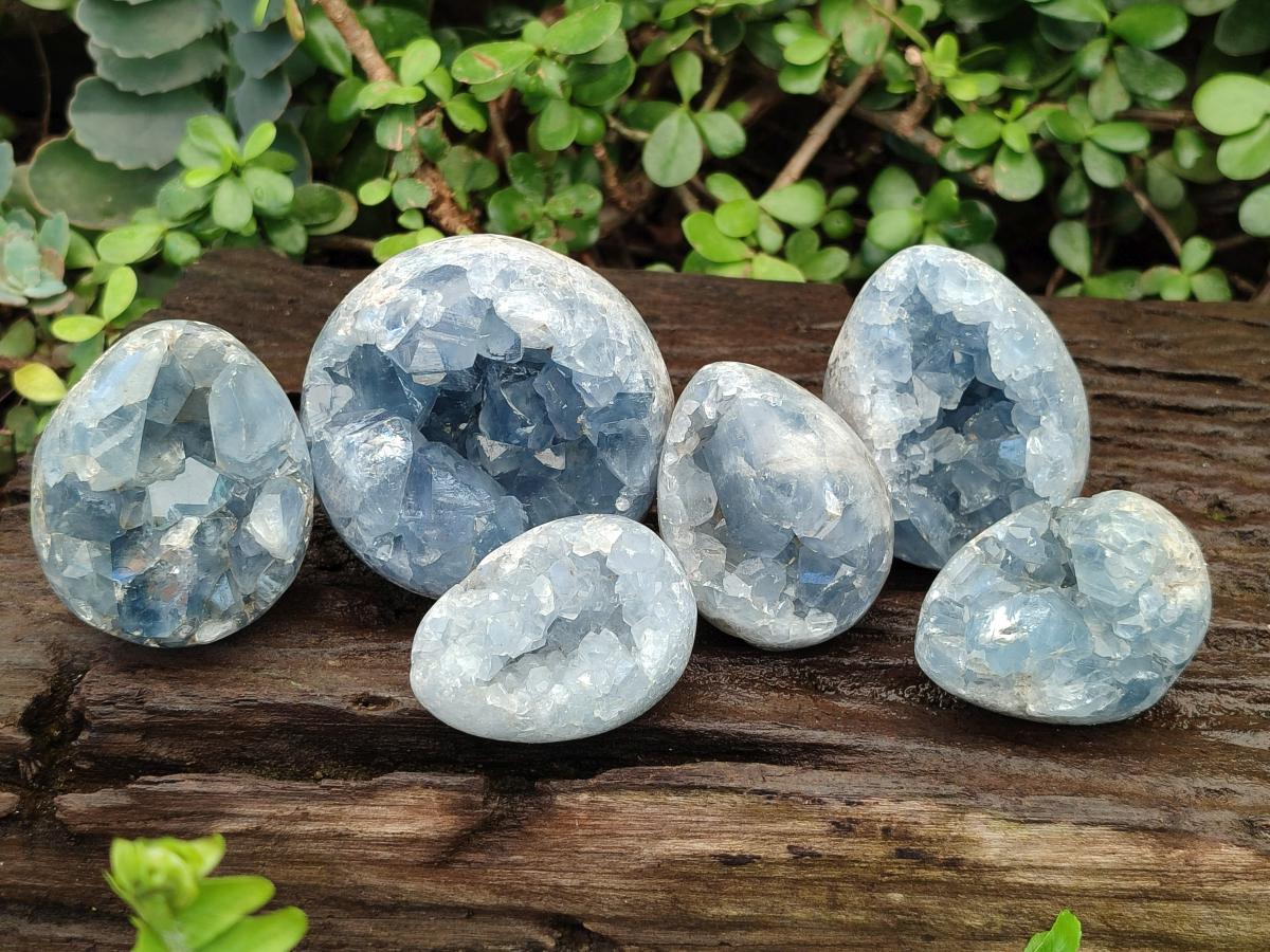 Polished and Natural Blue Celestite Eggs x 6 From Sakoany, Madagascar
