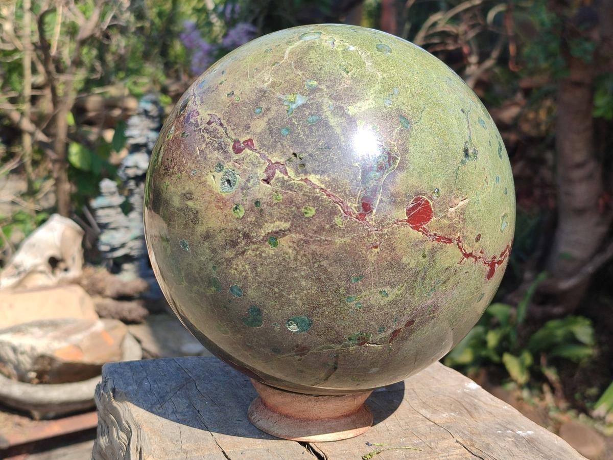 Polished XL Green and Red Amygdale Sphere x 1 From Tshipise South Africa - Toprock Gemstones and Minerals 