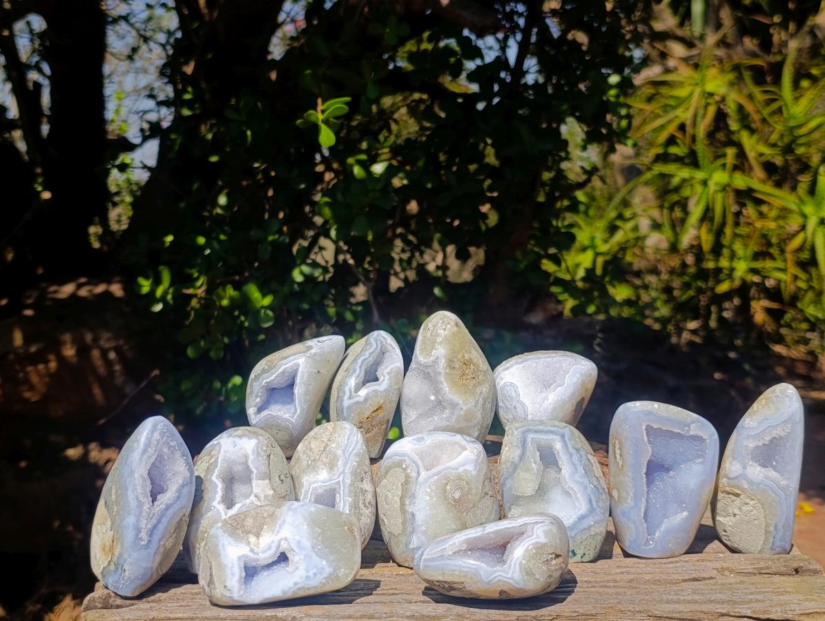 Polished and Natural Blue Lace Agate Free Forms and Standing Display Pieces x 13 From Nsanje, Malawi - Toprock Gemstones and Minerals 