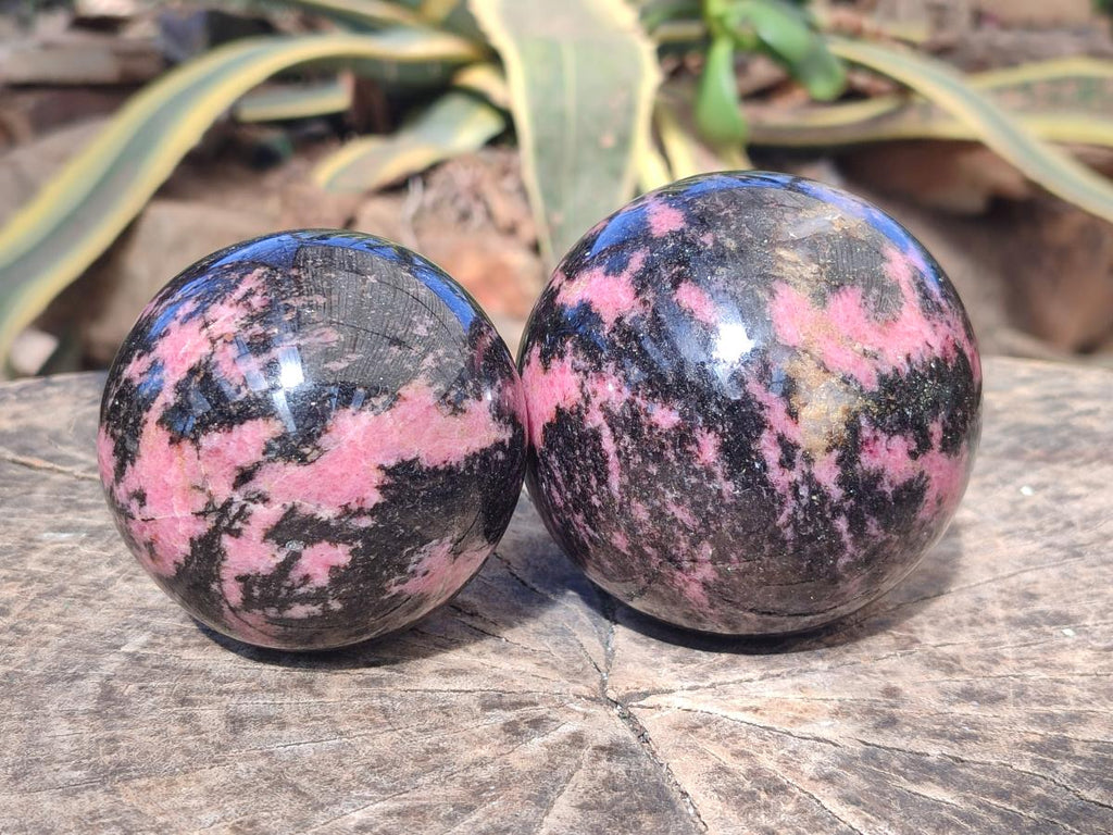 Polished Rhodonite Gemstone Spheres x 2 From Ambindavato, Madagascar - Toprock Gemstones and Minerals 