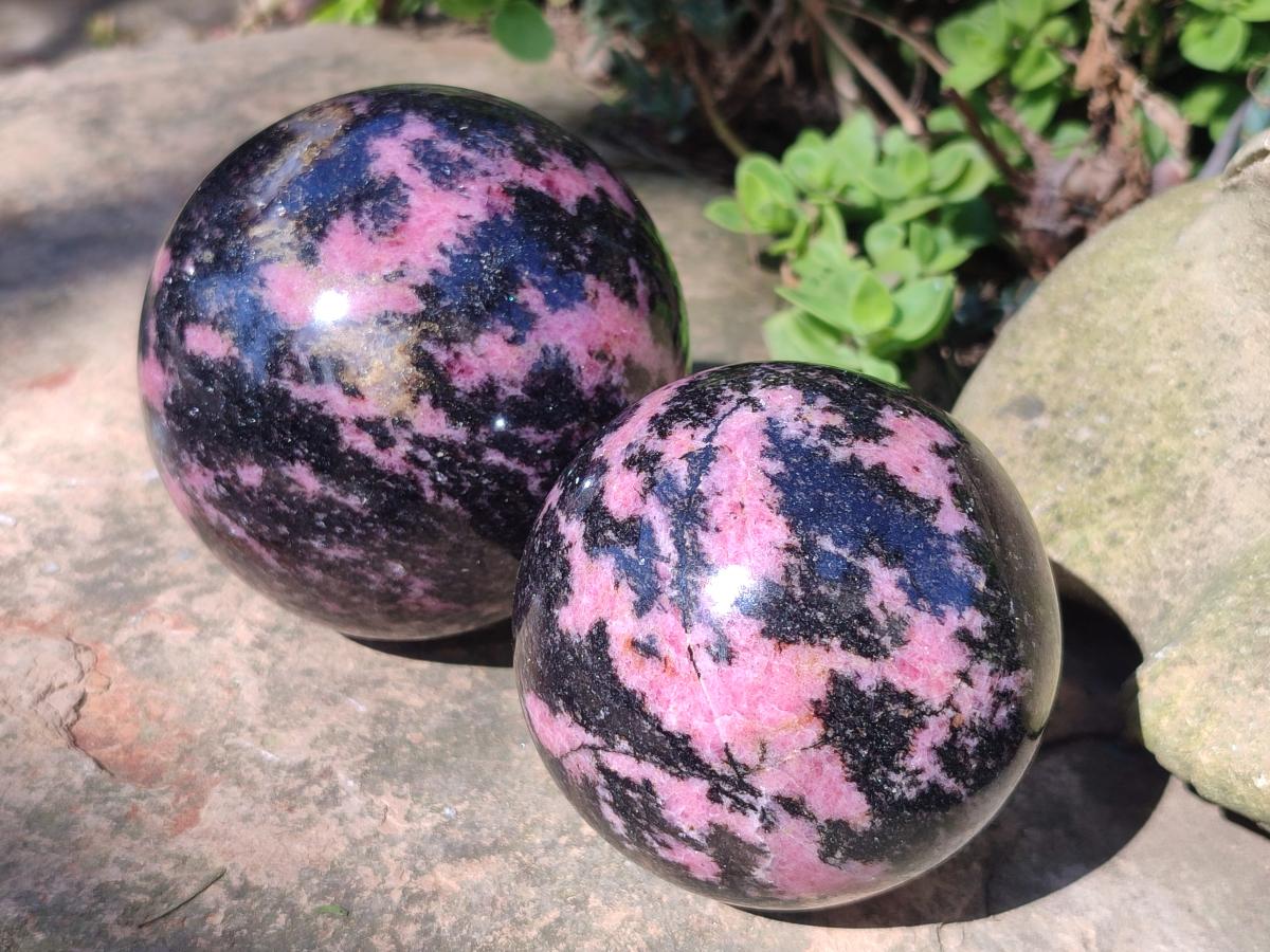 Polished Rhodonite Gemstone Spheres x 2 From Ambindavato, Madagascar - Toprock Gemstones and Minerals 