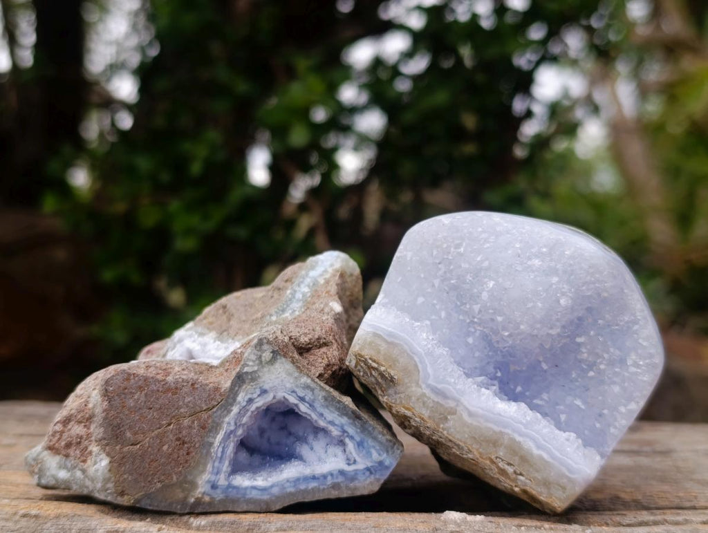 Polished One Side Blue Lace Agate Geodes x 12 From Nsanje, Malawi