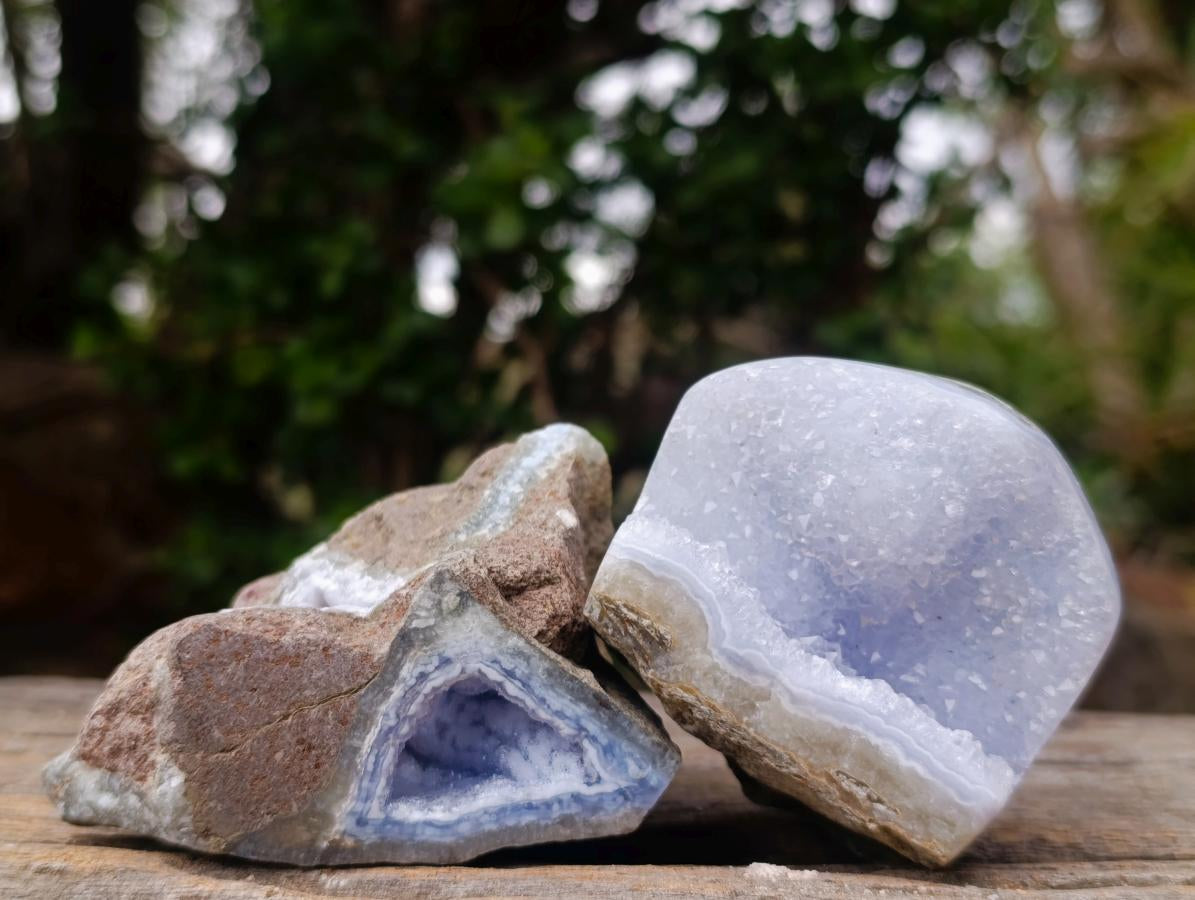 Polished One Side Blue Lace Agate Geodes x 12 From Nsanje, Malawi