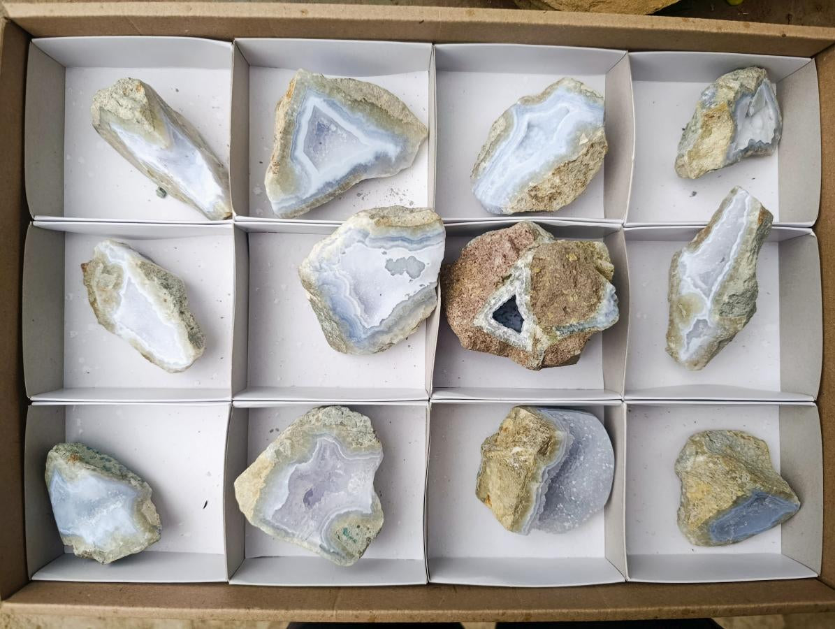 Polished One Side Blue Lace Agate Geodes x 12 From Nsanje, Malawi