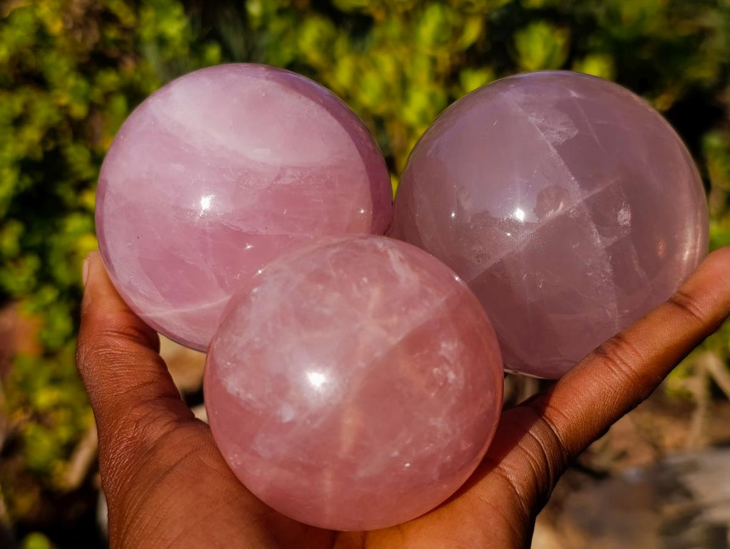 Polished Gemmy Star Rose Quartz Spheres x 3 From Madagascar - Toprock Gemstones and Minerals 